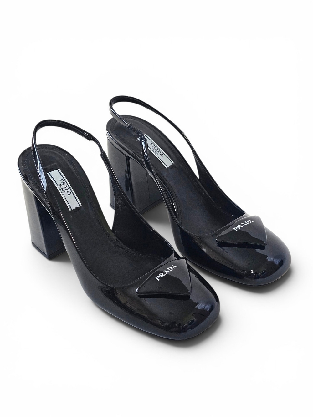 Prada Vernice Black Patent Leather Slingback Block Heel Pumps Triangle Logo 38